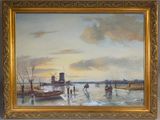 une peinture à l'huile représentant une scène fluviale avec un bateau et des personnes sur l'eau