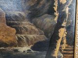 an oil painting of a waterfall in a wooded area with a tree in the foreground