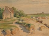 an image of a painting of a country road with a house in the background