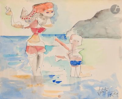 painting of a woman and a child on a beach with a sailboat