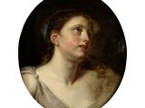 portrait d'une femme en robe blanche, portant un bandeau bleu