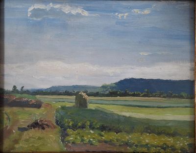 an oil painting of a field with hay bales in the foreground