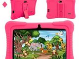a child ' s tablet with a pink case and a hand holding it