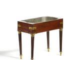 an image of a small wooden table with a glass top