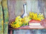un tableau représentant un vase avec des fleurs jaunes posé sur une table