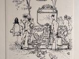 dessin représentant des personnes debout devant un bus