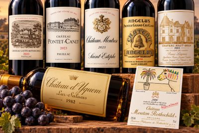 plusieurs bouteilles de vin posées sur une table en bois, à côté d'une grappe de raisin