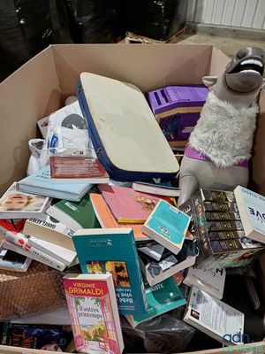 une boîte remplie de livres, avec une peluche à l'intérieur