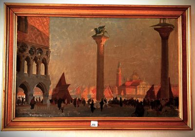 a painting on the wall of a building with a clock tower in the background