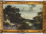 an oil painting of a river scene with horses and people by a stream
