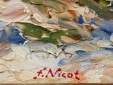 an image of a painting of a beach scene with a boat in the water