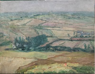 tableau représentant un paysage avec des collines et des champs au premier plan