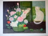 un tableau représentant un chat blanc assis sur le rebord d'une fenêtre