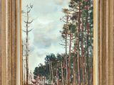 une peinture représentant une scène de forêt avec des arbres au premier plan