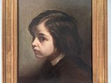 a painting of a young girl in a brown dress