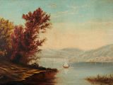 tableau représentant un paysage fluvial avec un voilier au premier plan