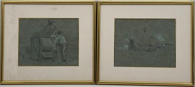 two framed drawings of a man and a woman sitting on a bench