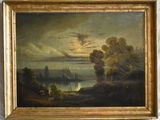 une peinture à l'huile représentant une scène fluviale avec un bateau au loin