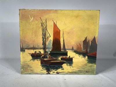 an image of a painting of boats on a body of water