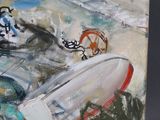 a painting of a large white boat on a beach