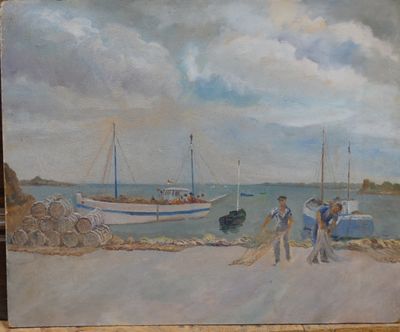 a painting of a group of people on the beach