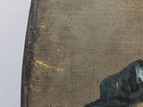 painting of a woman in a blue hat with a bird perched on her shoulder