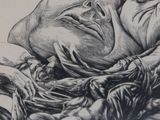 a black and white drawing of a man laying on a bed