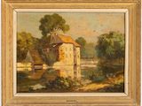 a painting of a house on a river with a bridge in the background