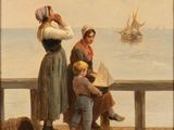 an image of a painting of two women and a child on a pier