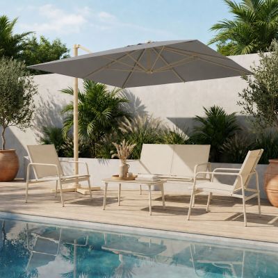 an outdoor patio with a pool, lounge chairs, and umbrella