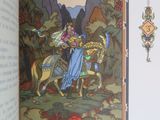 a picture of a book with a picture of a woman riding a horse