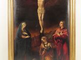 une peinture à l'huile représentant Jésus sur la croix, entouré de trois femmes et d'un homme