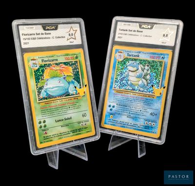 Deux cartes Pokémon sont présentées sur un fond noir.