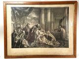 une vieille photo représentant un tableau où l'on voit un groupe de personnes dans une pièce