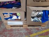 two boxes of clothes on a pallet in a warehouse