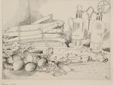 a drawing of a bunch of vegetables on a table