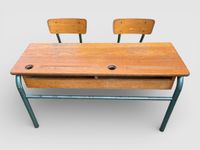 BUREAU d'écolier double en bois massif et structure métallique tubulai