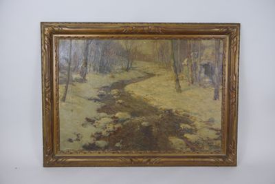 an oil painting of a man and a woman walking in the woods
