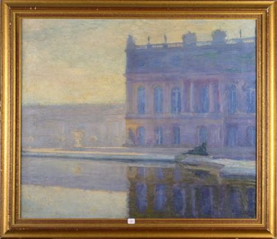 an image of a painting of a building with a boat in front of it