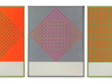 three paintings of different colors and shapes on a white background
