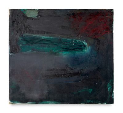 an abstract painting with black, green and red colors on a white background