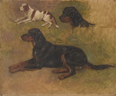 painting of two dogs laying down in a grassy field with a dog running behind them
