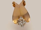 a close up of a gold and diamond broochle on a white background