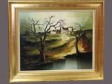 une peinture à l'huile représentant un paysage avec un arbre et une maison au loin