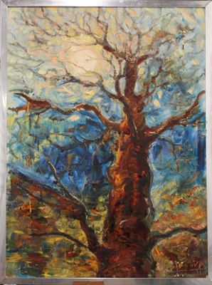 an oil painting of a tree in a field with a sky background