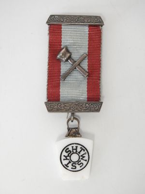 a close up of a medal with a hammer on it