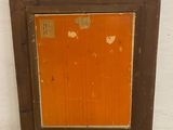 painting of an orange door with a brown frame on a white wall