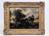 an oil painting of a landscape with trees and a river
