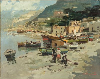 a painting of a group of people on the beach