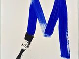 a painting of a blue letter m with a brush in it